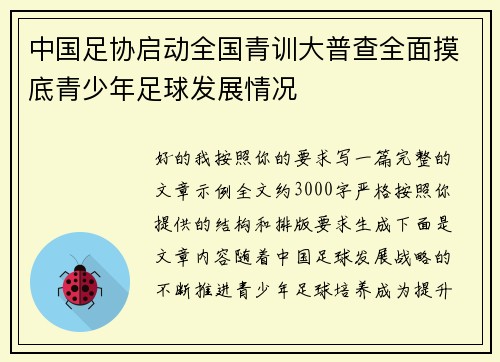 中国足协启动全国青训大普查全面摸底青少年足球发展情况