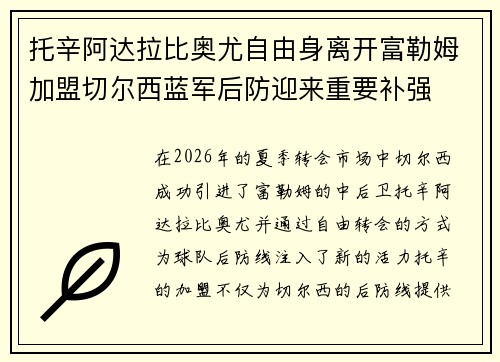 托辛阿达拉比奥尤自由身离开富勒姆加盟切尔西蓝军后防迎来重要补强
